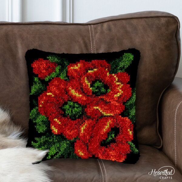Poppies on Black - Latch Hook Pillow Kit