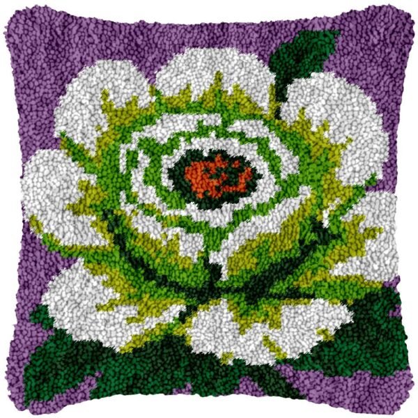 White Peony on Purple - Latch Hook Pillow Kit